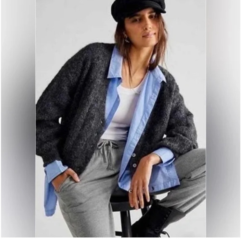 NWOT Free People Grey Amelia Alpaca Knit Cardigan os L $148